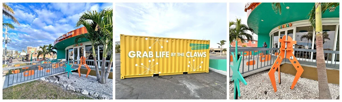 A collage of the exterior building wall graphics and a yellow wrapped freight that says "Grab life by the claws."